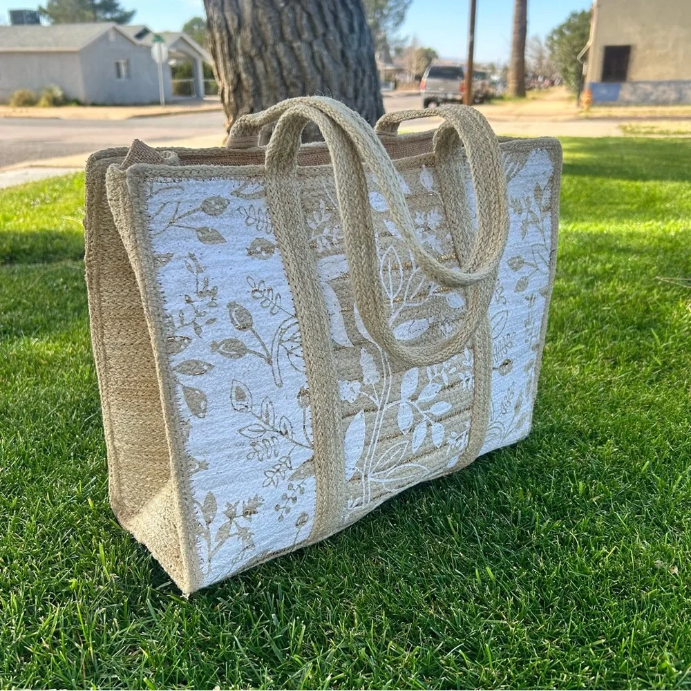 Jute Shoulder Floral Bag Beige NWT - Picture 4 of 16